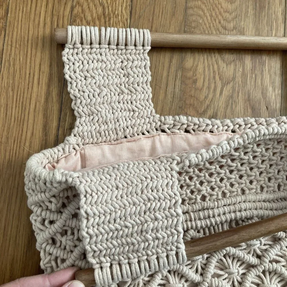 Shiraleah Crochet 'Om' Fold Clutch Purse Handbag Blush Wood Handle Boho Indie